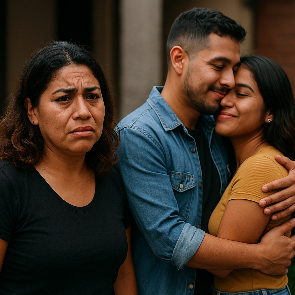 Mujer triste observa a su pareja abrazando a otra mujer, situación de infidelidad y alejamiento amoroso