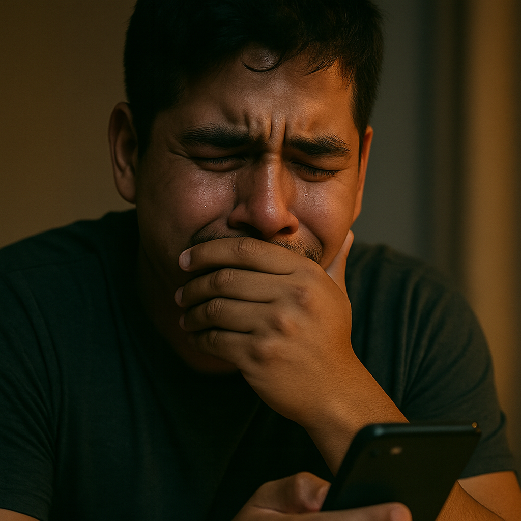 Hombre con expresión de tristeza mirando su celular, víctima de separación amorosa y energías negativas