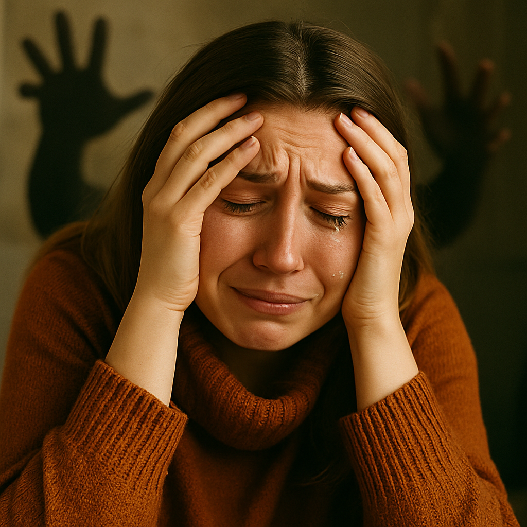 Mujer angustiada con lágrimas reales, afectada por energías oscuras, representando los efectos de maldiciones, trabajos espirituales negativos y brujería.
