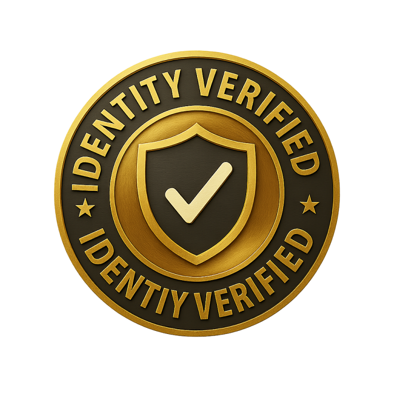 Sello dorado circular con escudo y check blanco en el centro, acompañado del texto “IDENTITY VERIFIED”. Símbolo de autenticidad, confianza y validación oficial del Maestro Odín.