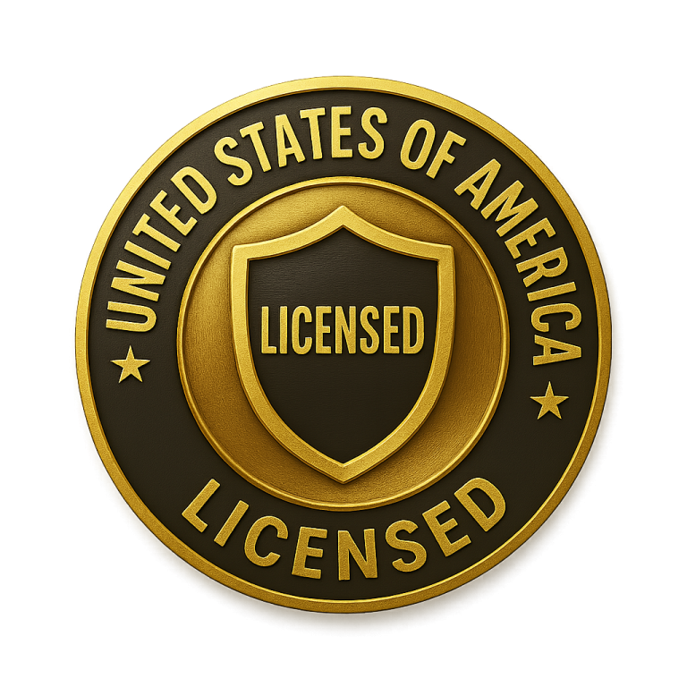 Sello dorado circular con inscripción “Licensed – United States of America”, símbolo de respaldo legal y certificación profesional para servicios del Maestro Odín.