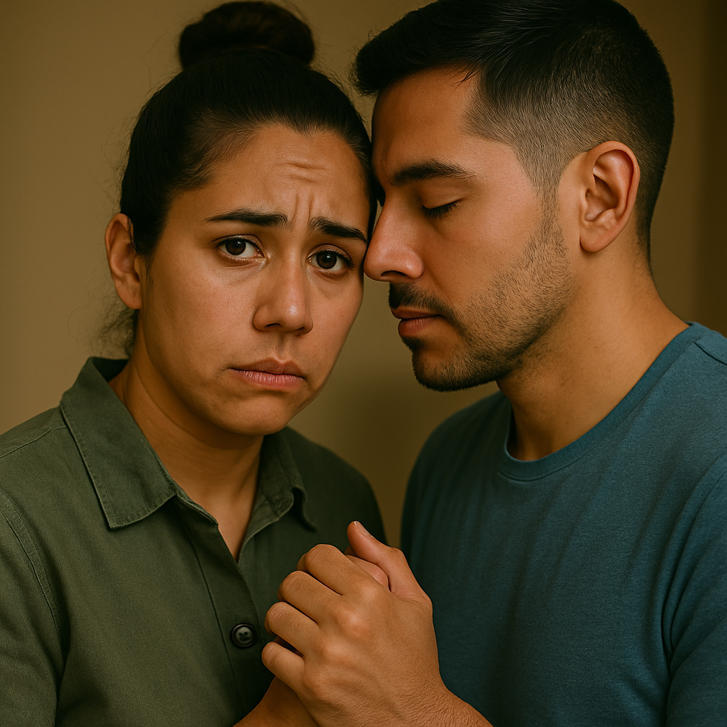 Pareja latina abrazada con expresión emocional intensa, representando una unión espiritual profunda y el miedo a perderse.